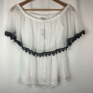 Charming Charlie White Chiffon Off Shoulder Blouse Navy Lace Trim Sz Sm